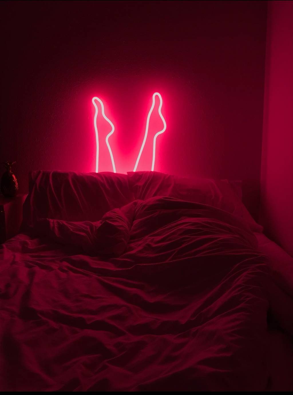 Glass Art Neon Pink Legs coming out of a bed and bed sheets