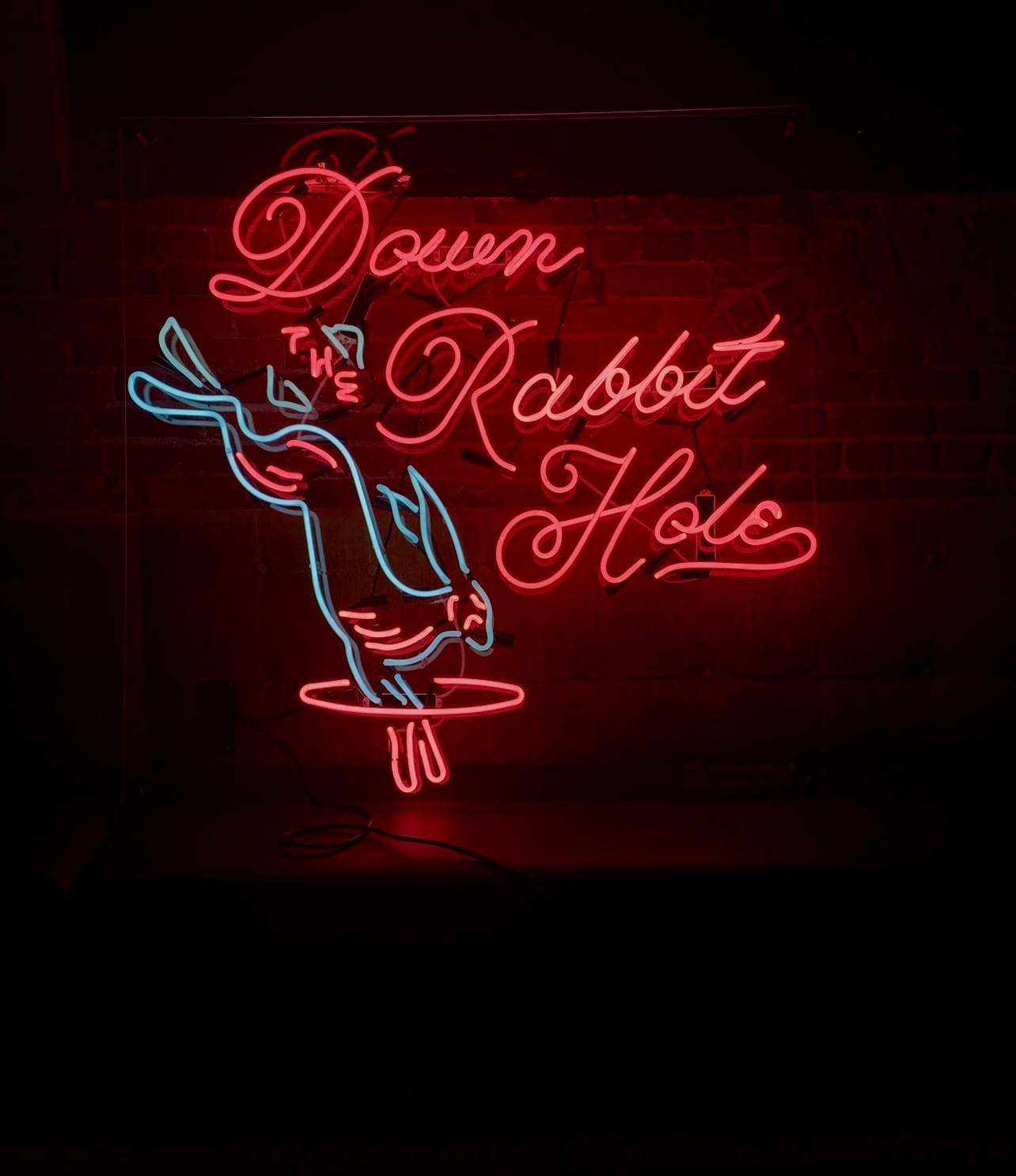 A custom neon sign featuring a rabbit and text