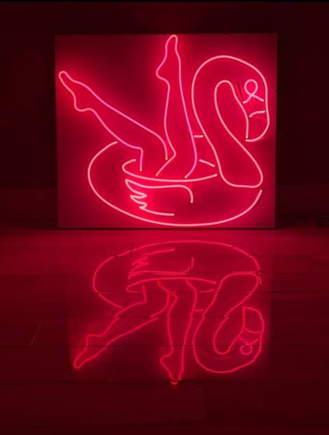 All Pink Neon Sign featuring a flamingo pool floating and legs 