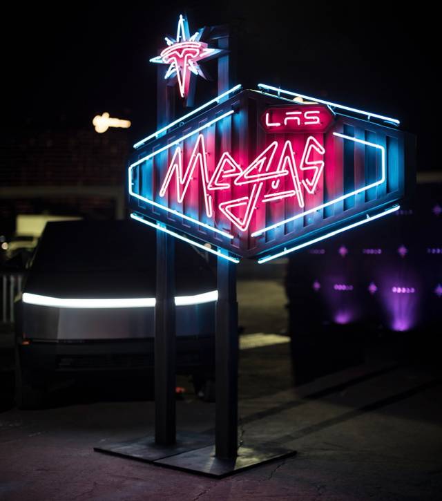 Tesla Las Megas Large Neon Sign powered by a cyber truck