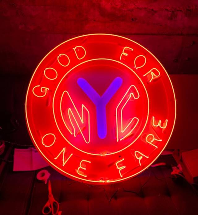 A neon sign of a New York subway coin made for a private residence in North Hollywood